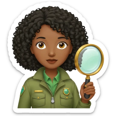 dark skin curly black haired middle-aged woman in moss green explorer outfit, holding magnifying glass sticker