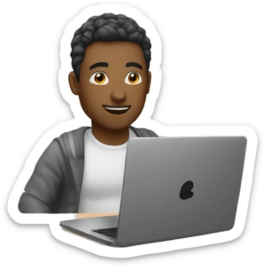 man sitting in front of laptop and we can see his screen sticker