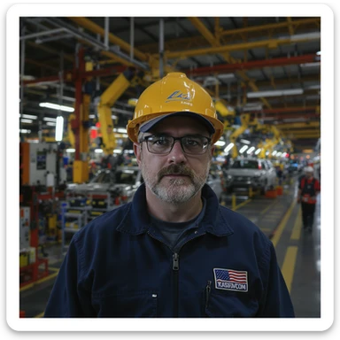 Realistic car factory, detailed machinery, industrial atmosphere, workers in uniforms, assembly lines with cars in production, realistic lighting and shadows, large warehouse-like structure with high ceilings, metal beams, and industrial equipment, realistic style sticker