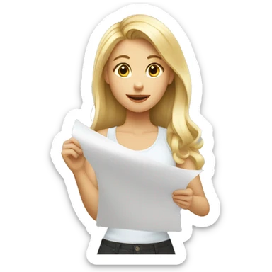 blonde girl giving feedback with a sheet of paper sticker