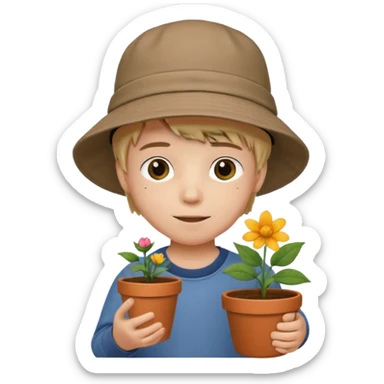 young boy wearing bucket hat, holding a flower pot sticker