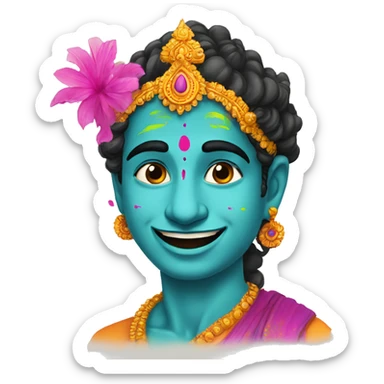 Krishna in holi with gulal on his face and mor pank on his head sticker