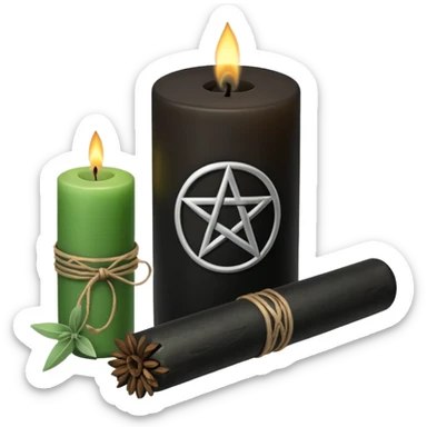 Black candle with a pentacle on it next to a bundle of sage sticker