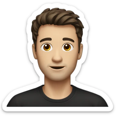 a slim white man with messy short dark brown hair, with a black t-shirt sticker