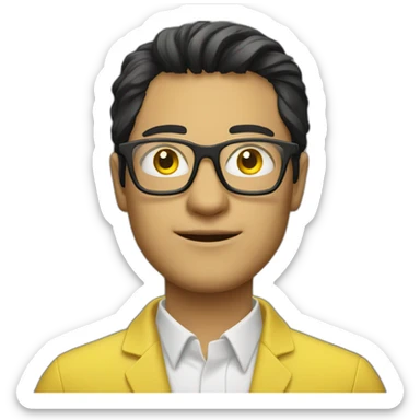 Man with yellow tinted glasses and black hair holding computer  sticker