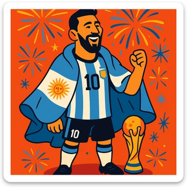 Stylized Messi draped in Argentina flag, World Cup trophy at his feet, fireworks in background sticker