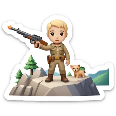 Little character holding a toy gun aiming at a mountain with tiny figures on it sticker