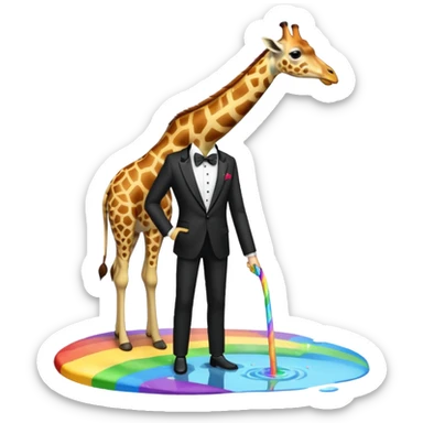 giraffe in a tuxedo drinking from rainbow puddle  sticker