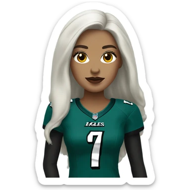 White female long dark hair red lips wearing Philadelphia Eagles jersey sticker