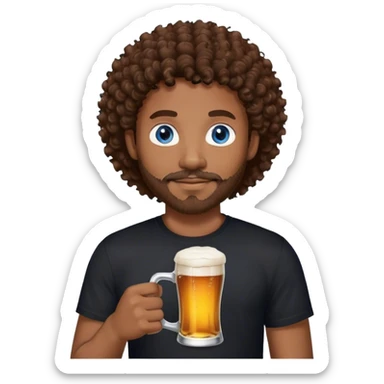 black man with brown curly hair and blue eyes facial hair black shirt holding a beer sticker