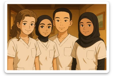 Four nursing students side by side in a warm indoor setting, wearing white medical uniforms with short sleeves, V-neck collars, and left chest pockets. No undershirts or medical accessories. Variations in pose and expression, friendly and warm atmosphere, Ghibli style. sticker
