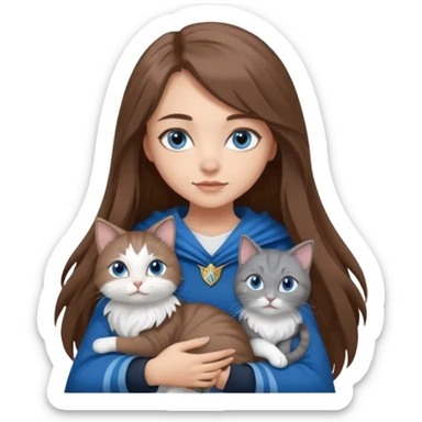 gorgeous Girl with light skin, blue eyes, long brown hair, wears a ravenclaw outfit, with a grey and white cat holding in her arms sticker