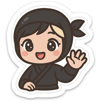 Super cute kawaii chibi style ninja girl with big sparkling eyes, round face, soft colors, playful charm, black short hair with a blonde streak, only head and arms visible, bold outlines, no mask, hand fully raised waving to the left, smiling, sized for Twitch emoji use. sticker