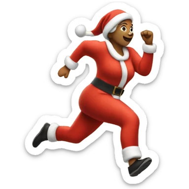 A woman running, with a large stride and arms outstretched, in a santa costume sticker