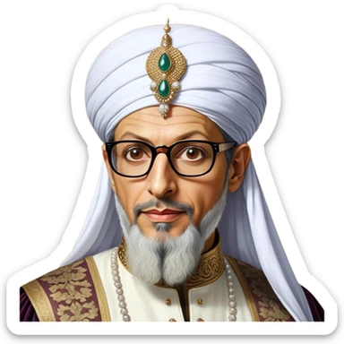 Jeff Goldblum no glasses as a regal portrait dressed as _cinematic-realistic-portrait-of-suleiman-the-magnificent,-depicted-as-a-regal-ottoman-sultan-adorned-with-a-large,-white,-round,-tall-turban-and-a-majestic-grey-beard,-his-commanding-gaze-bathed-in-warm,-historic-lighting-that-exudes-timel sticker