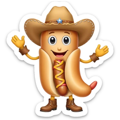 Hot dog with a face and arms and legs and a cowboy hat sticker