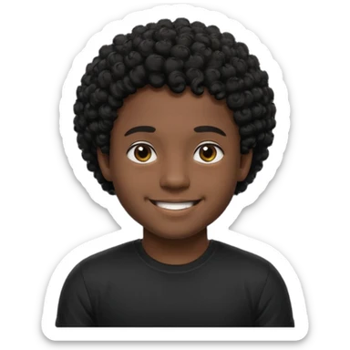 Generate a emoji of a black boy with dark skin, wearing a black compressed T-shirt, with short and very curly black hair sticker