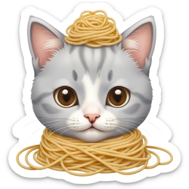 gray and white kitten with spaghetti on its head sticker
