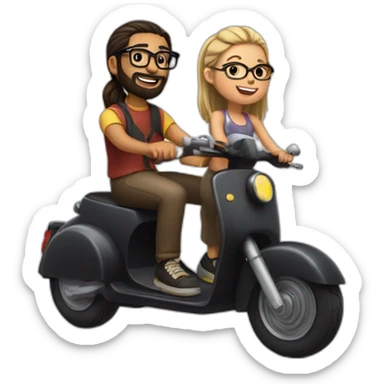boy with long hair tied in a bun, beard, and glasses, riding a black scooter with a girl on the back sticker