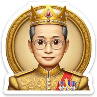 Cinematic Realistic King Bhumibol Adulyadej Portrait Emoji, depicted as a revered Thai monarch with a dignified expression and traditional royal attire, rendered with lifelike textures and soft regal lighting that captures his lasting legacy. sticker