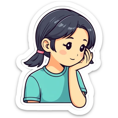 shy girl tucking her hair behind her ear, cartoonish sticker style sticker