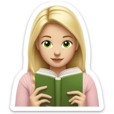 Blonde girl with green eyes reading a book in a light pink sweater  sticker