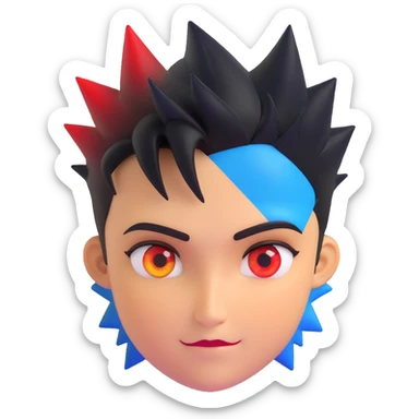 round emoji face left half black shadow, right half glowing golden, left eye intense red, right eye calm blue, confident tilted smirk, short spiky hair half black half golden, no background, silent power and confidence sticker