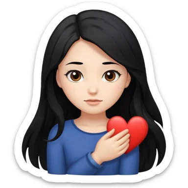 character with long black hair past elbow,  round, downturned dark brown eyes, heart shape face sticker
