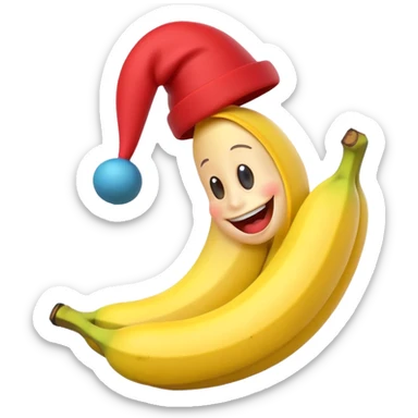 A 3D cartoon banana with a red nose and tiny hat, smiling face, playful pose, Memoji-style. sticker