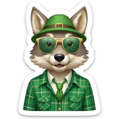 head and shoulders friendly anthropomorphised wolf in green plaid shirt and green attire for St. Patrick's Day, wearing dark sunglasses, festive pose sticker