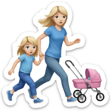 full length of a young woman with long straight dirty blonde hair, side bangs, and blue eyes. She is trying to catch a 1 year old baby girl that is running away sticker