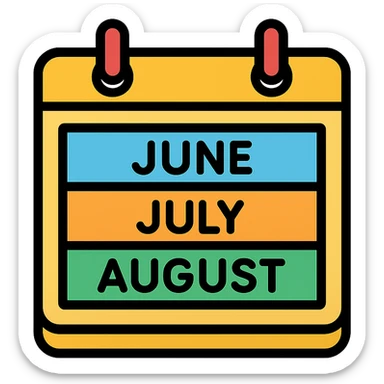 icon of a calendar displaying three months, month names June, July, August, color accents, organized layout sticker