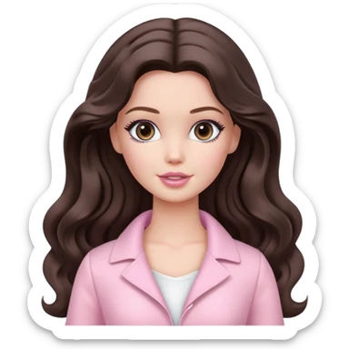 A white Barbie girl with long dark brown wavy hair in pale pink clothes has loving look sticker