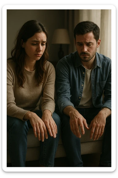 Vertical format: man and woman sitting apart on a sofa, sad looks but with one hand timidly reaching closer, atmosphere of tension but also hope for reconciliation, emotional and intimate scene sticker