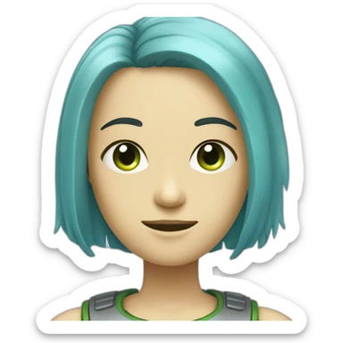robot with a human head, very thin face, clear cheekbones, green slightly narrow eyes, blue disheveled shoulder-length hair, human complexion sticker