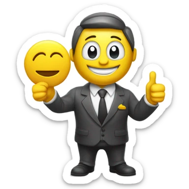  A ISOMETRIC VECTOR 3D cartoon character with a yellow body is holding a house-shaped sign that reads 'FUCCI' . The character is wearing a  suit, white shirt, and tie,  The character has an smiling emoji face and is giving a thumbs-up with their right arm sticker