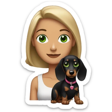 Lebanese with green eyes holding a black dachshund sticker