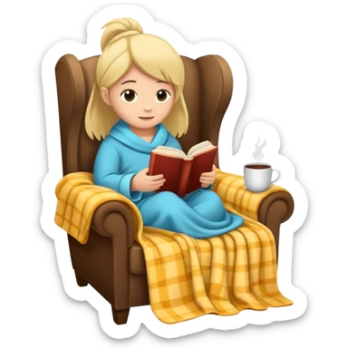 cozy reading nook with blanket, book, and hot drink sticker