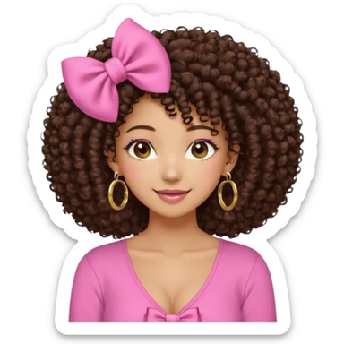 Naturally tan skin girl short darkBrown curly afropink shirt very long lashes hoop gold earrings Brown eyes gyaru smiling closed mouth cute bow hairclip small on the side. V neck pink shirt sticker