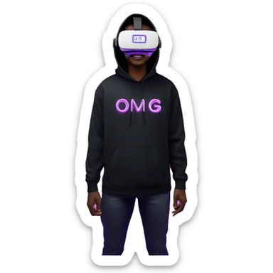 Ilon Mask wearing a black hoodie with "OMG" letters on it and VR headset oculus quest 2 in a cyberpunk VR environment with violet neon lighting. sticker