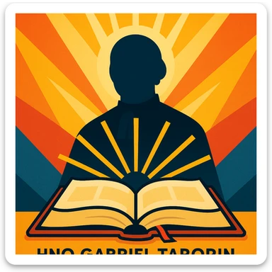 open Bible with rays of light and a silhouette of Hno. Gabriel Taborin, inspirational and modern, Christian vocational animation sticker