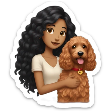 Girl with long black hair holding red goldendoodle sticker
