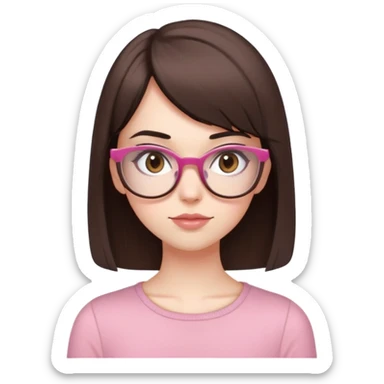 really pale white girl with straight short dark brown hair with side bangs, brown eyes, wears brown glasses that are slightly rounded and a really cute coquette style pink and brown top sticker
