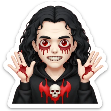 Vampire wearing a black hoodie with a skull logo on it, long curly hair that covers the forehead, fanged teeth and blood on hands sticker