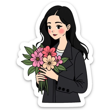 beautiful girl with long black hair wearing a black coat holding a bouquet of flowers sticker