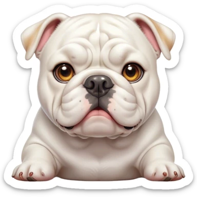 Cinematic Cute White English Bulldog Portrait Emoji, Head tilted playfully and inquisitively, featuring a silky pure white coat with a gentle sheen, round, sparkling brown eyes filled with curiosity, Simplified yet irresistibly adorable features, highly detailed, glowing with a warm, friendly glow, high shine, affectionate and charming, stylized with a touch of whimsy, bright and endearing, soft glowing outline, capturing the essence of a mischievous yet loving companion, so playful it feels like it could bound out of the screen and into your arms! sticker