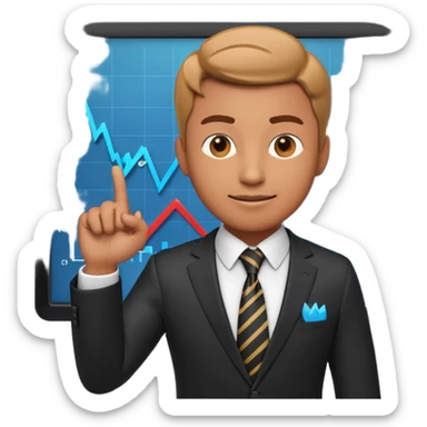 A stylized 3D emoji icon of a male financial analyst in a sharp formal suit and tie. He has a confident, speaking expression and is pointing his finger back towards a large digital screen behind him. The screen is glowing with complex financial line graphs, upward arrow trends. sticker