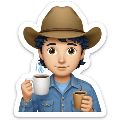 Ranch hand with blue hat and coffee mug, curly black hair sticker