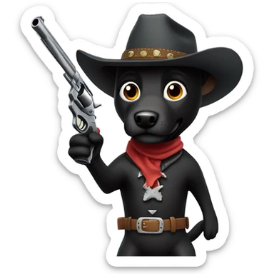 Black Dog Animatronic as cowboy holding a gun sticker