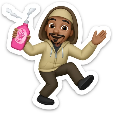 Change the baby oil bottle to pink, Snoop Dogg dancing holding it, in emoji style with no background. sticker